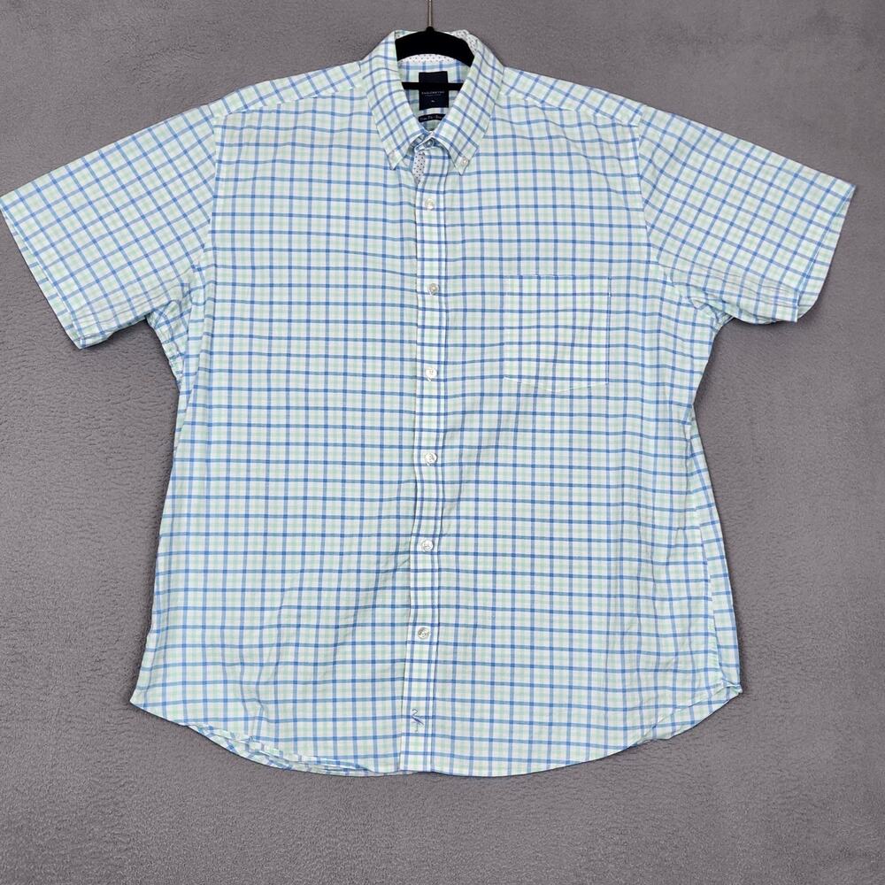 TailorByrd Shirt Mens XL Blue Check Short Sleeve Trim Fit Stretch Button Up